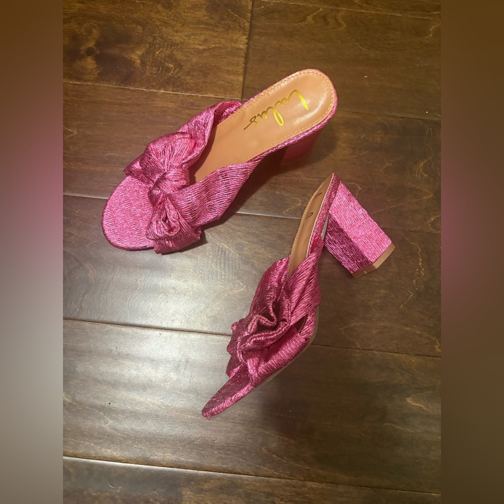 Lulu's Metallic Hot Pink Bow Satin Block Heel Mules